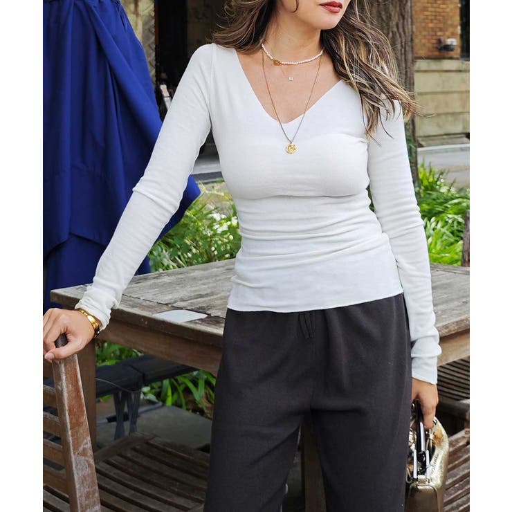 ホワイト | Vネックシンプルトップスesutoreja カットソー スタイルアップレディース | BUYSENSE