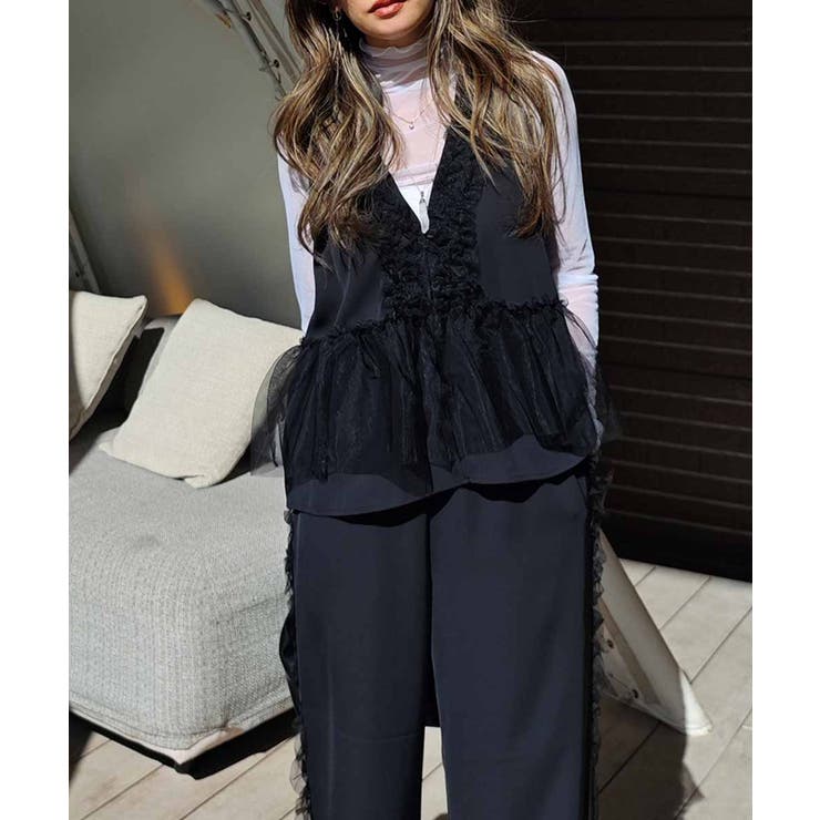 ブラック | Vネックチュールフリルベストesutoreja カットソー スタイルアップ | BUYSENSE