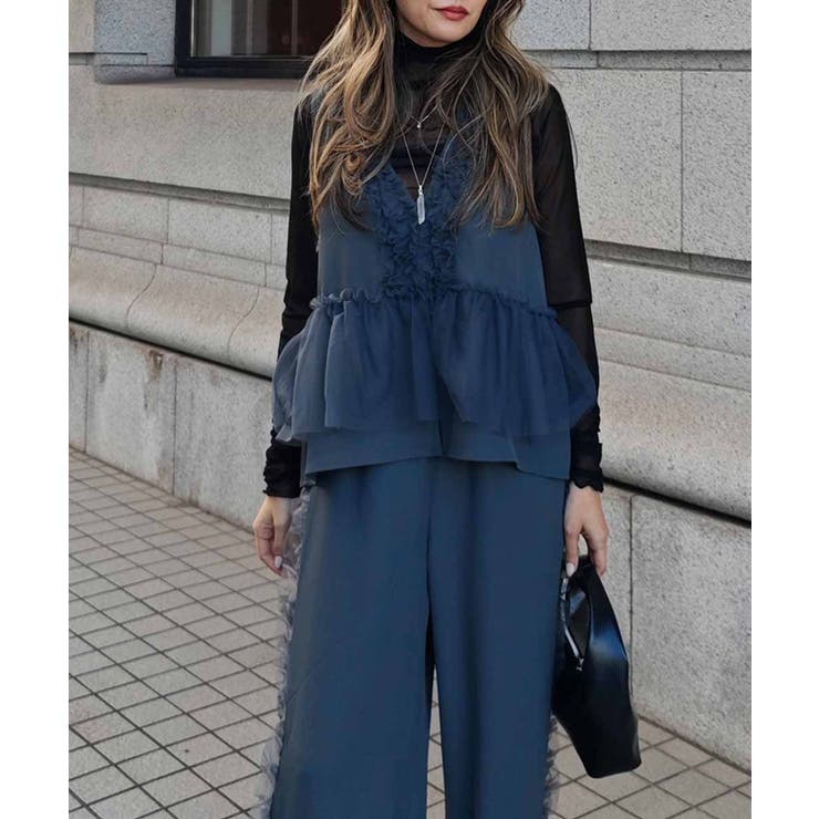 チャコール | Vネックチュールフリルベストesutoreja カットソー スタイルアップ | BUYSENSE