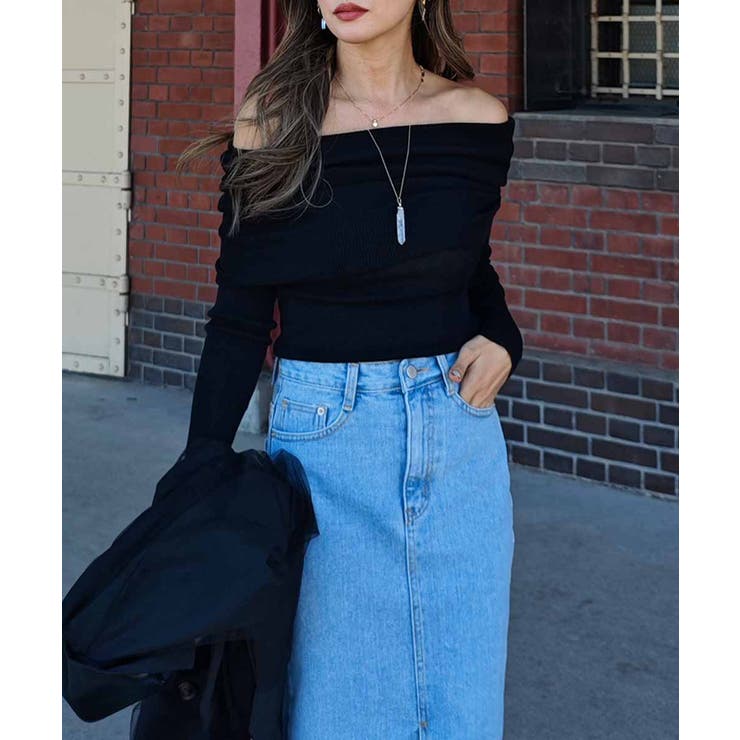 ブラック | オフショルダーニットトップスesutoreja カットソー スタイルアップ | BUYSENSE
