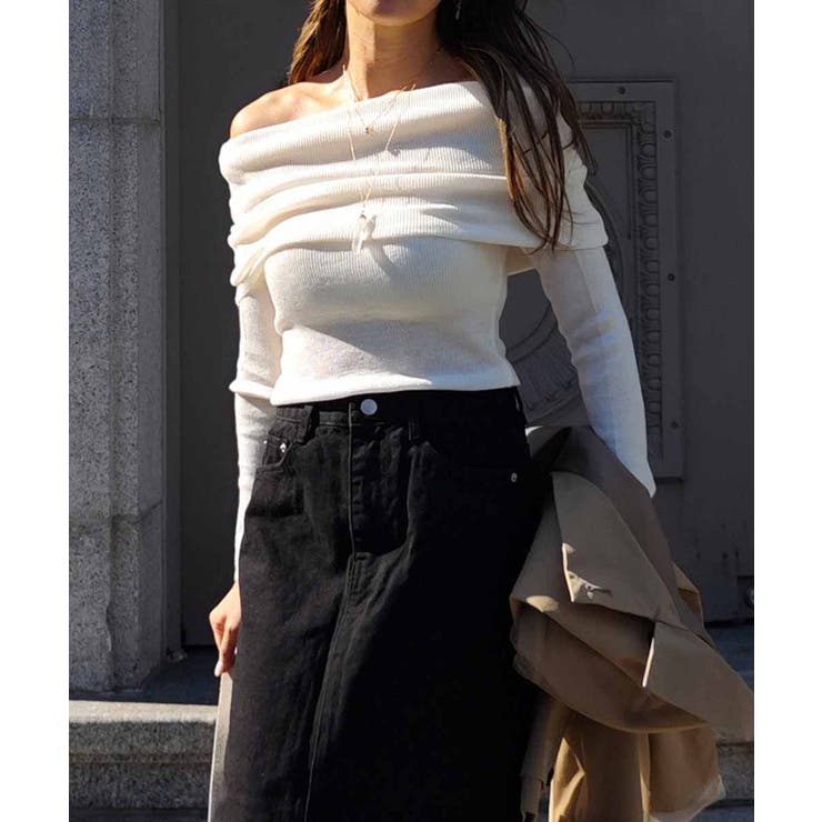 アイボリー | オフショルダーニットトップスesutoreja カットソー スタイルアップ | BUYSENSE