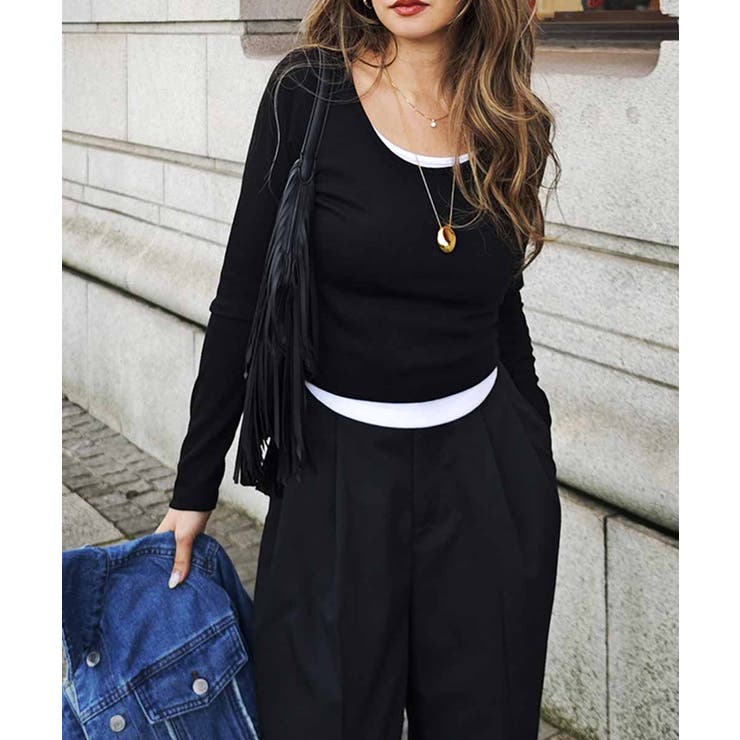 ブラック | レイヤードロングスリーブトップスesutoreja カットソー スタイルアップ | BUYSENSE