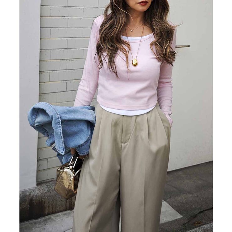 ピンク | レイヤードロングスリーブトップスesutoreja カットソー スタイルアップ | BUYSENSE