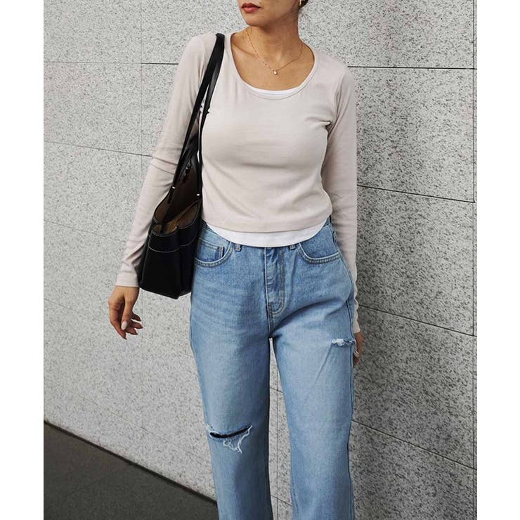 ベージュ | レイヤードロングスリーブトップスesutoreja カットソー スタイルアップ | BUYSENSE