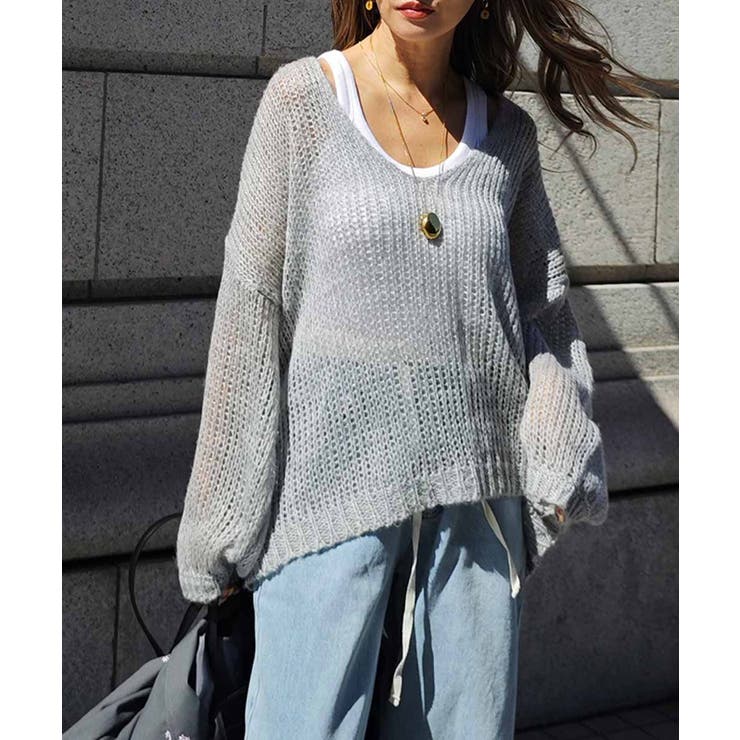 グレー | ローゲージブイネックニットesutorejaカットソー スタイルアップ レディー… | BUYSENSE