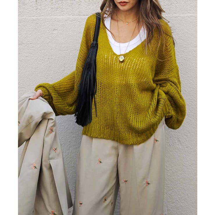 オリーブ | ローゲージブイネックニットesutorejaカットソー スタイルアップ レディー… | BUYSENSE