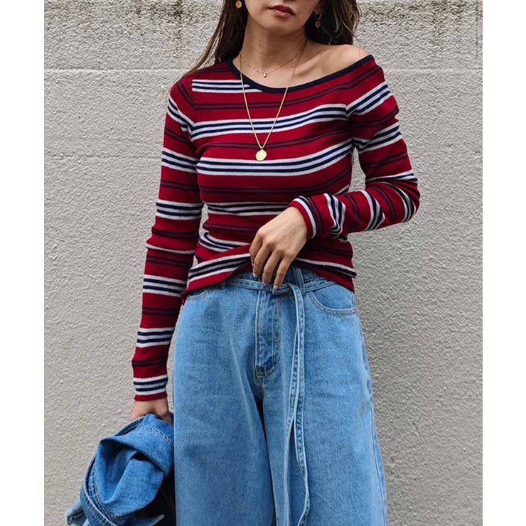 レッド | ワンショルダーボーダートップスesutoreja カットソー スタイルアップ | BUYSENSE
