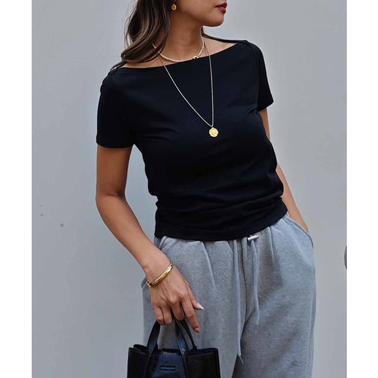 ブラック | ボートネックTシャツesutoreja カットソー スタイルアップ | BUYSENSE