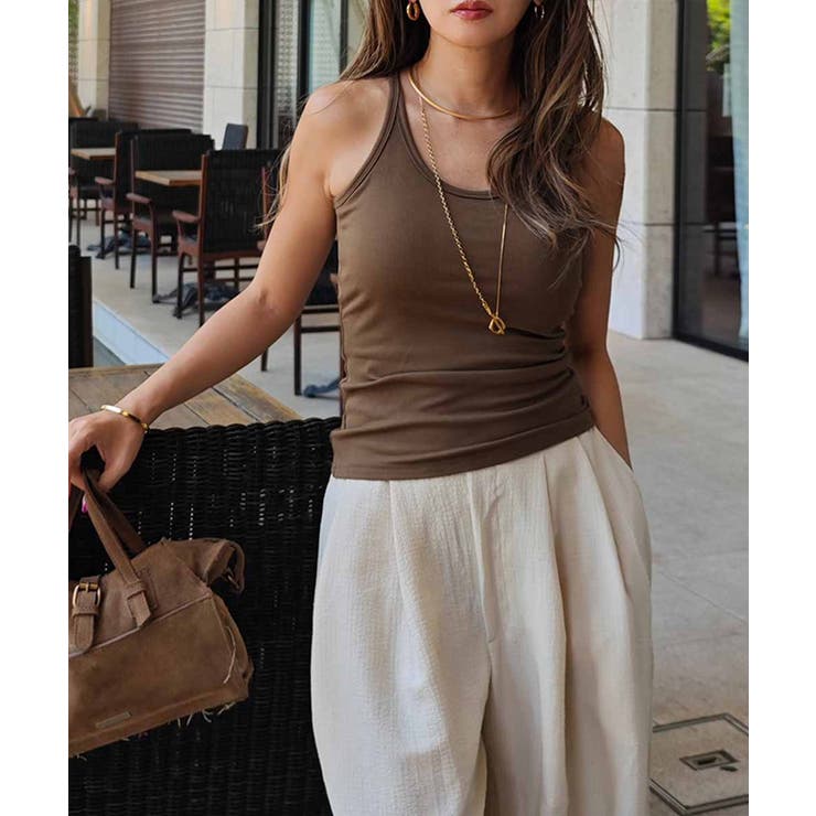 ブラウン | ユーネックリブタンクトップesutoreja カットソー スタイルアップ | BUYSENSE