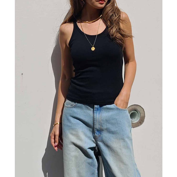 ブラック | ユーネックリブタンクトップesutoreja カットソー スタイルアップ | BUYSENSE