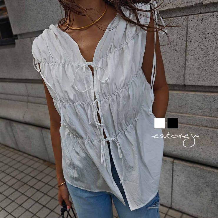 シャーリングリボンブラウスesutoreja カットソー スタイルアップ | BUYSENSE | 詳細画像1 