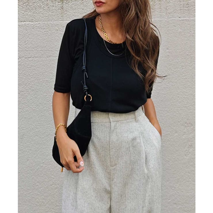 ブラック | レイヤードシアートップスesutoreja カットソー スタイルアップ | BUYSENSE