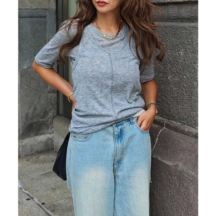 グレー | レイヤードシアートップスesutoreja カットソー スタイルアップ | BUYSENSE