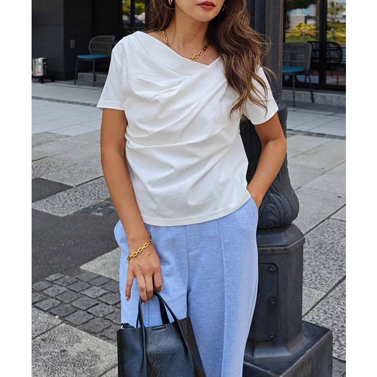 ホワイト | ドレープショートスリーブトップスesutoreja カットソー スタイルアップ | BUYSENSE