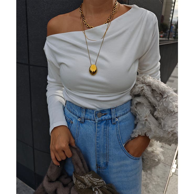 アイボリー | ワンショルダーロングスリーブトップスesutoreja カットソー スタイルアップ | BUYSENSE