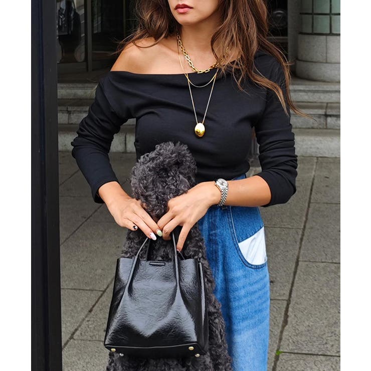 ブラック | ワンショルダーロングスリーブトップスesutoreja カットソー スタイルアップ | BUYSENSE