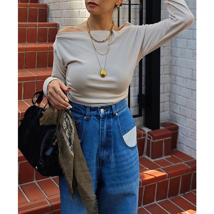 ベージュ | ワンショルダーロングスリーブトップスesutoreja カットソー スタイルアップ | BUYSENSE