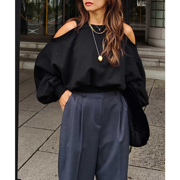 ブラック | オープンショルダースウェットトップスesutoreja カットソー スタイルアッ… | BUYSENSE