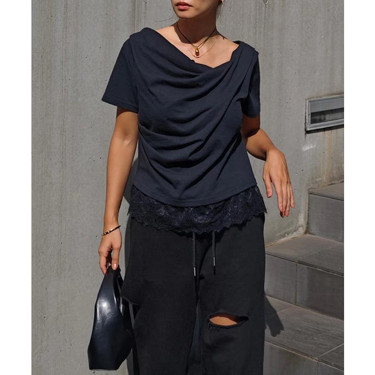 ブラック | ドレープレースTシャツesutoreja カットソー スタイルアップ | BUYSENSE