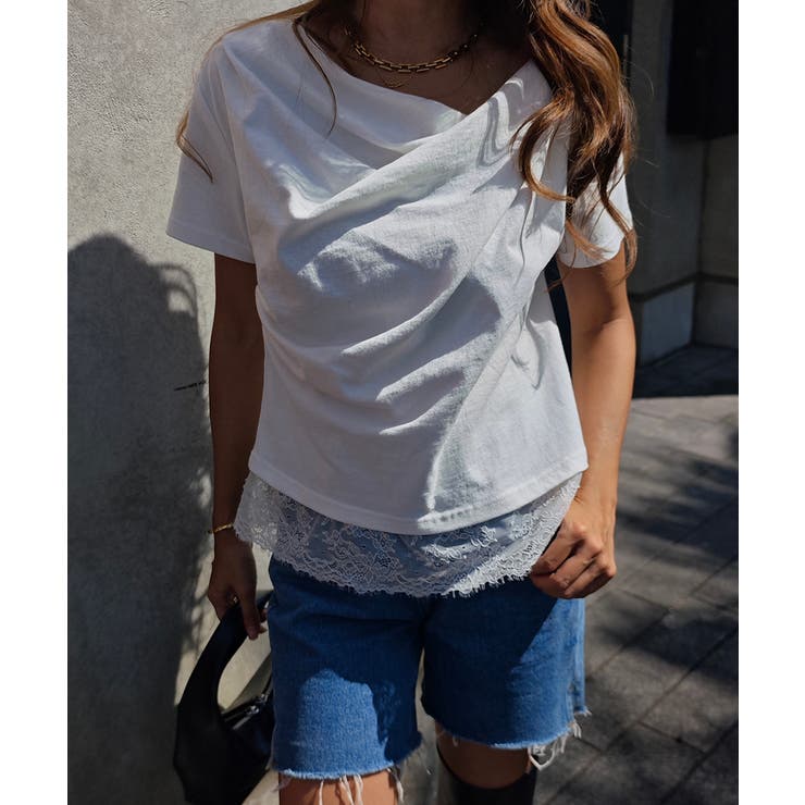 ホワイト | ドレープレースTシャツesutoreja カットソー スタイルアップ | BUYSENSE