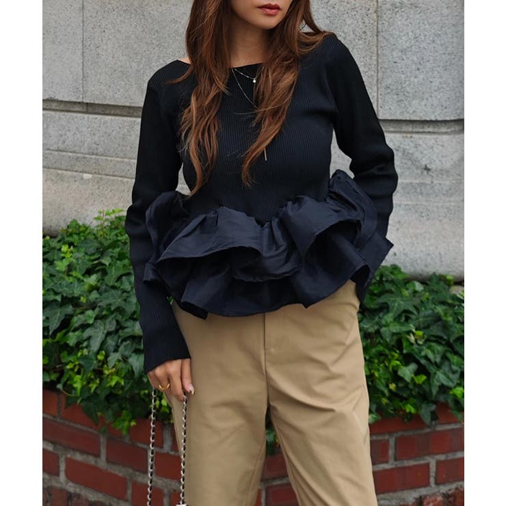 ブラック | フリルリブトップスesutoreja カットソー スタイルアップ | BUYSENSE