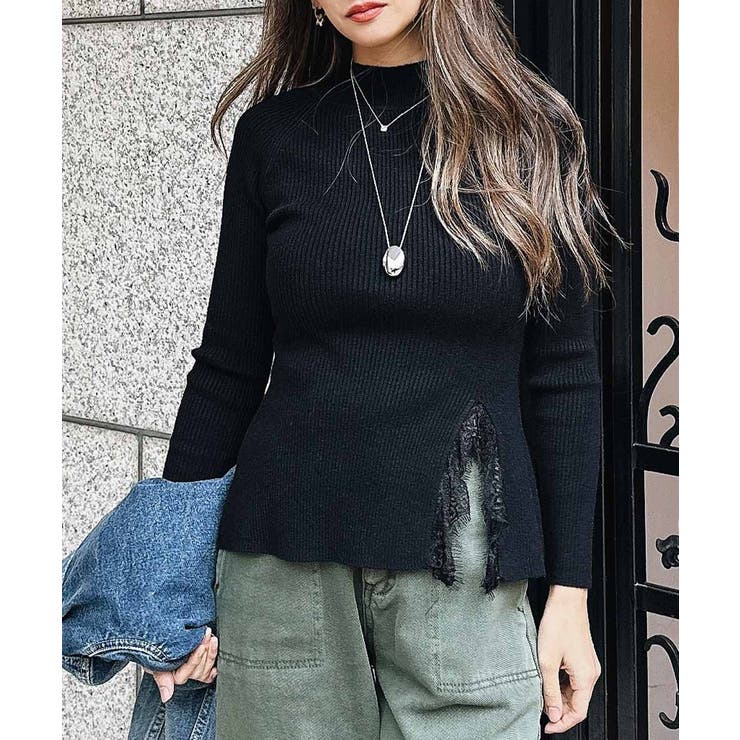 ブラック | レースデザインニット esutoreja トップス レディース トレンド | BUYSENSE