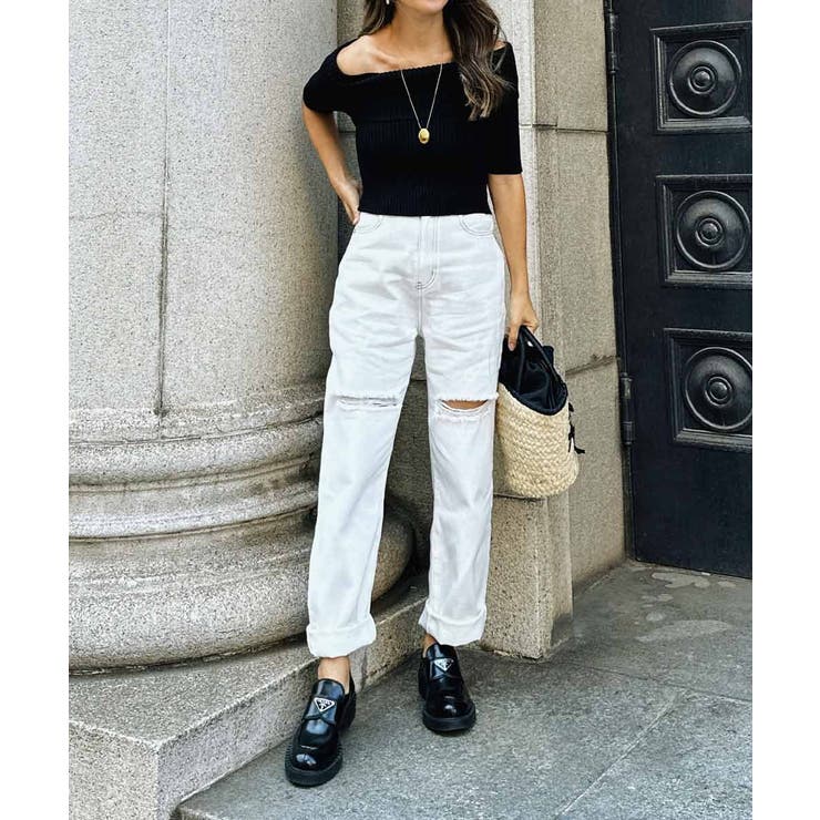 ブラック | オフショルダーショートスリーブニット esutoreja ニット | BUYSENSE