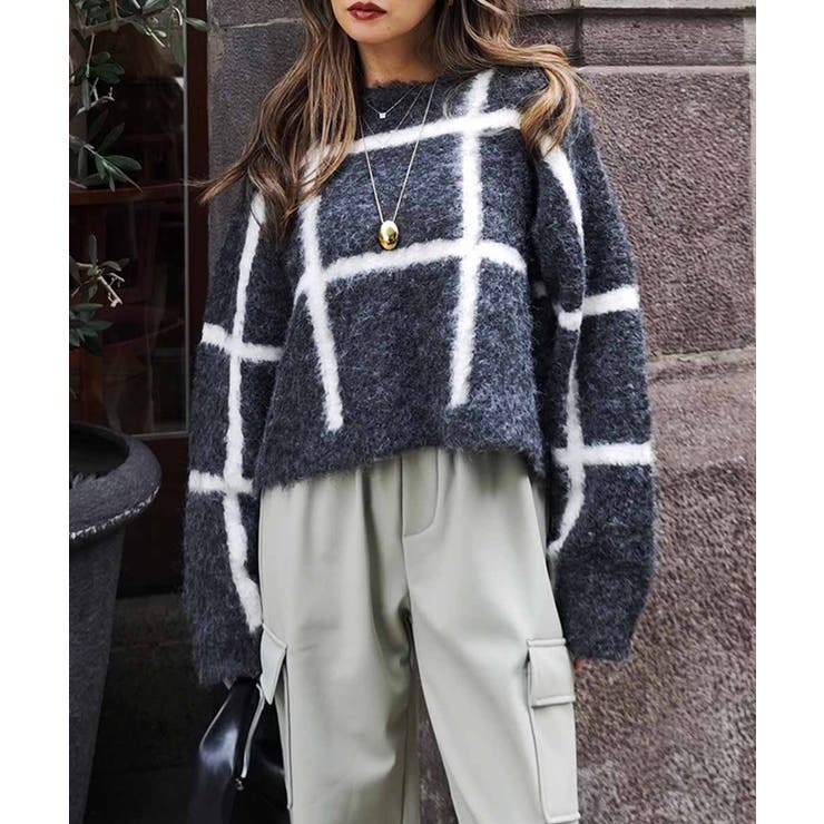 チャコール | チェックショートニットesutoreja ニット スタイルアップ | BUYSENSE