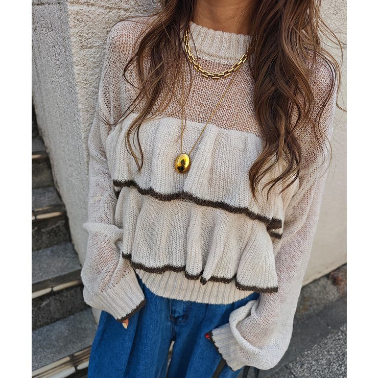 アイボリー | バイカラーフリルニットesutoreja ニット スタイルアップ | BUYSENSE