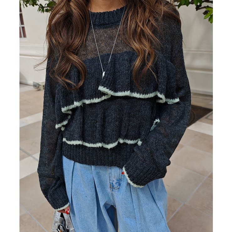 チャコール | バイカラーフリルニットesutoreja ニット スタイルアップ | BUYSENSE