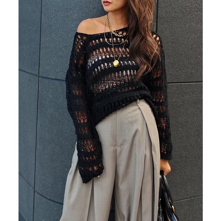 ブラック | クロシェニットトップスesutoreja ニット スタイルアップ | BUYSENSE