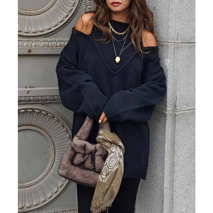 ブラック | レイヤードブイネックルーズニットesutoreja ニット スタイルアップ | BUYSENSE