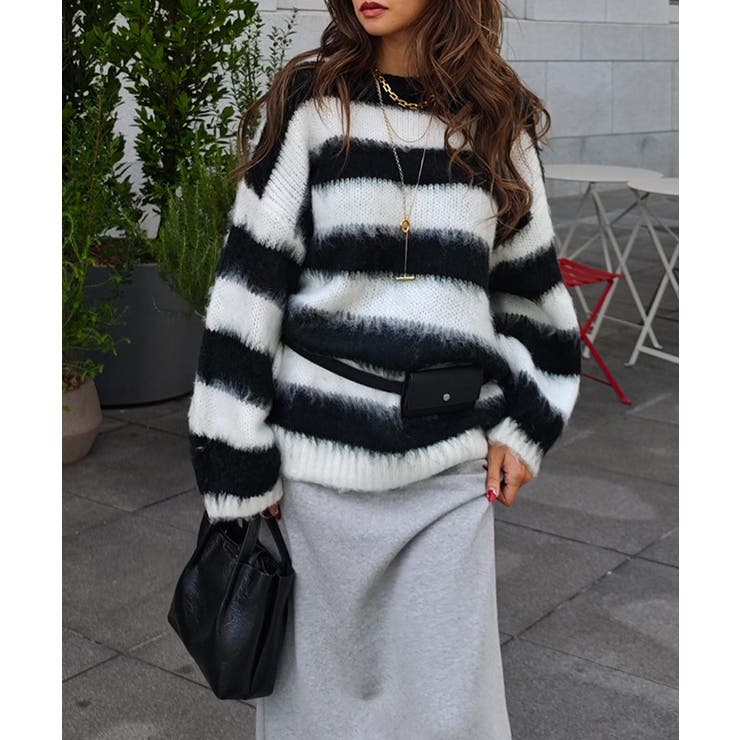 ブラック | ボーダールーズニットesutoreja ニット スタイルアップ | BUYSENSE