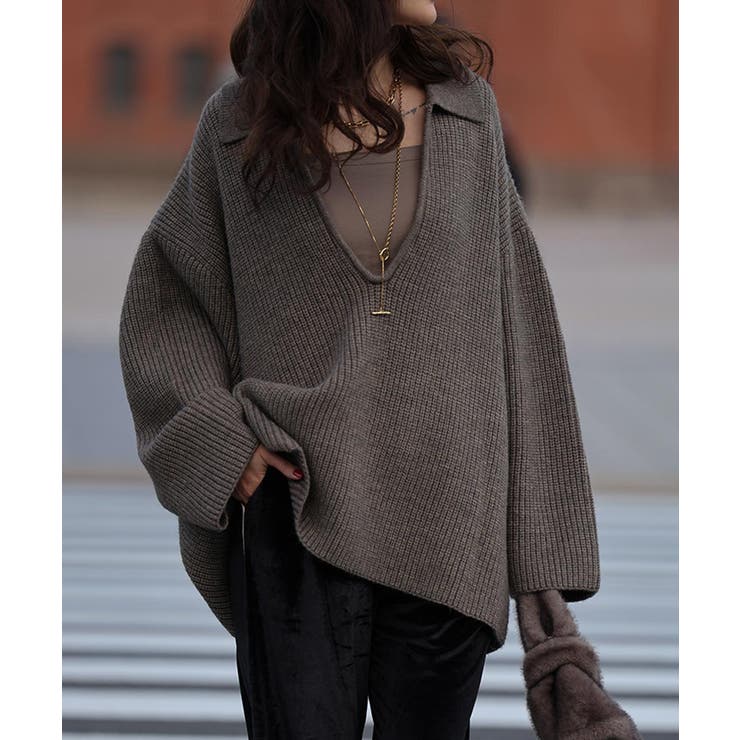 グレージュ | スキッパーポロデザインニットesutoreja ニット スタイルアップ | BUYSENSE