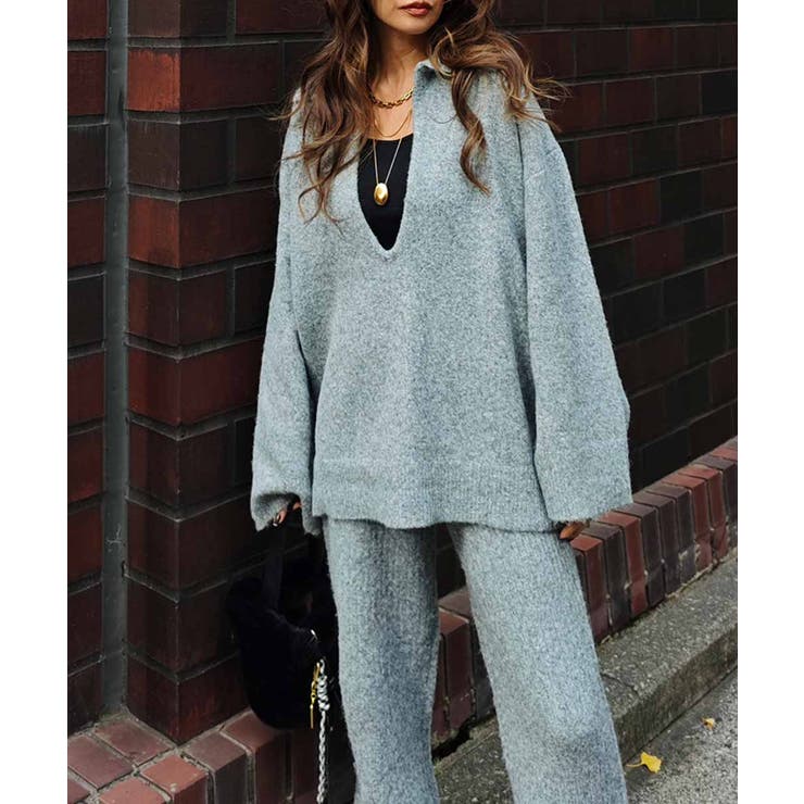 グレー | スキッパーポロニットプルオーバーesutoreja ニット スタイルアップ | BUYSENSE