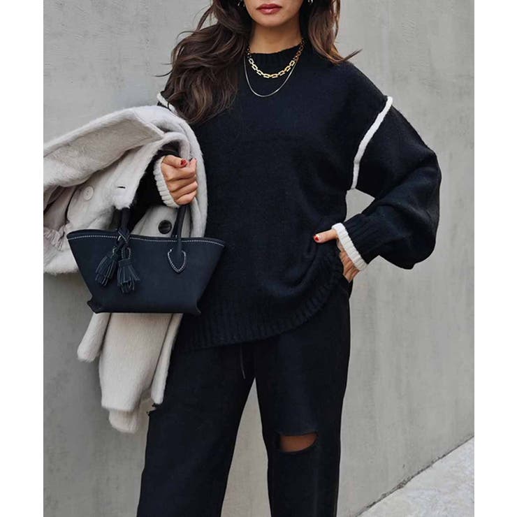 ブラック | バイカラーニットプルオーバーesutoreja ニット スタイルアップ | BUYSENSE
