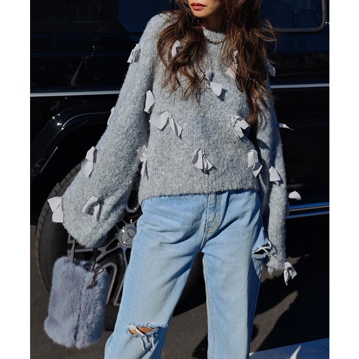 グレー | リボンクロップドニットesutoreja ニット スタイルアップ | BUYSENSE