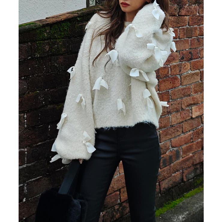 アイボリー | リボンクロップドニットesutoreja ニット スタイルアップ | BUYSENSE