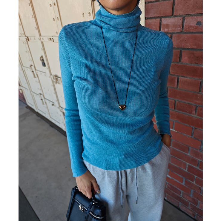 ブルー | タートルネックリブニットトップスesutoreja ニット スタイルアップ | BUYSENSE