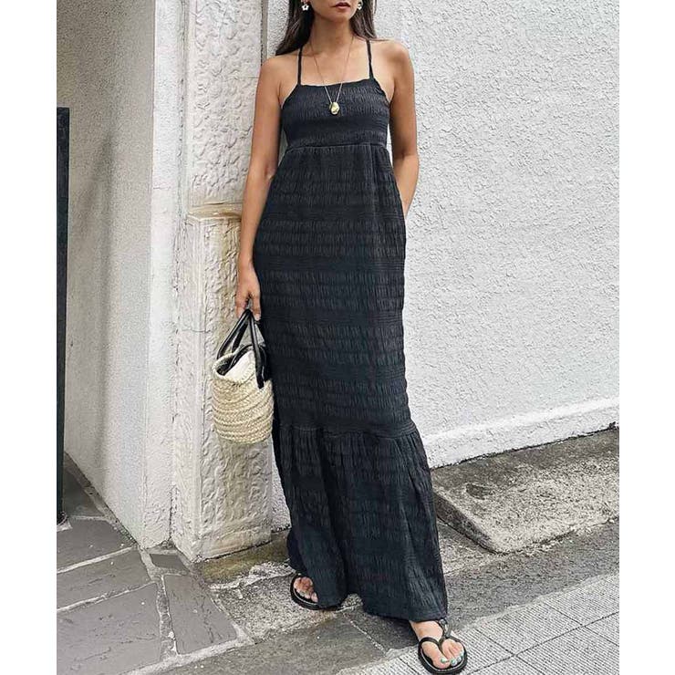 ブラック | シャーリングロングドレス esutoreja ワンピース | BUYSENSE