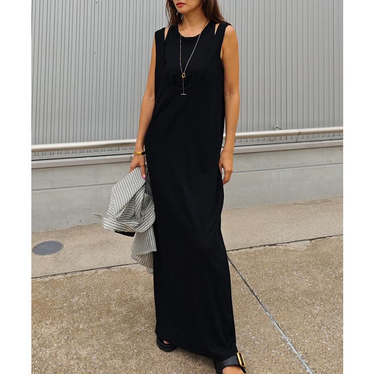 ブラック | レイヤードリブワンピースesutoreja ワンピース スタイルアップ | BUYSENSE