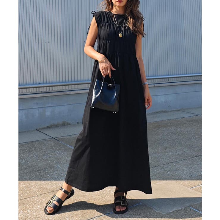 ブラック | シャーリングノースリーブワンピースesutoreja ワンピース スタイルアップ | BUYSENSE