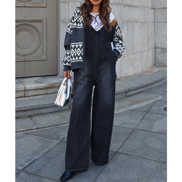 ブラック | Vネックデニムサロペットesutoreja ワンピース スタイルアップ | BUYSENSE