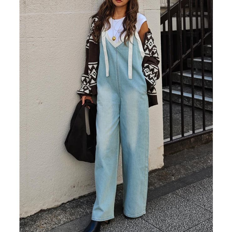 ライトブルー | Vネックデニムサロペットesutoreja ワンピース スタイルアップ | BUYSENSE