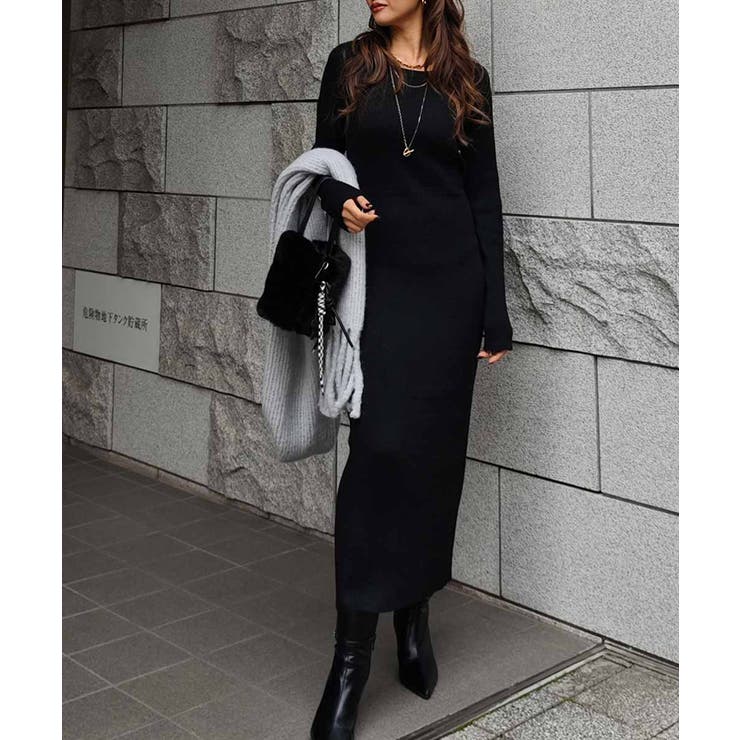 ブラック | リブニットロングスリーブワンピースesutoreja ワンピース スタイルアップ | BUYSENSE