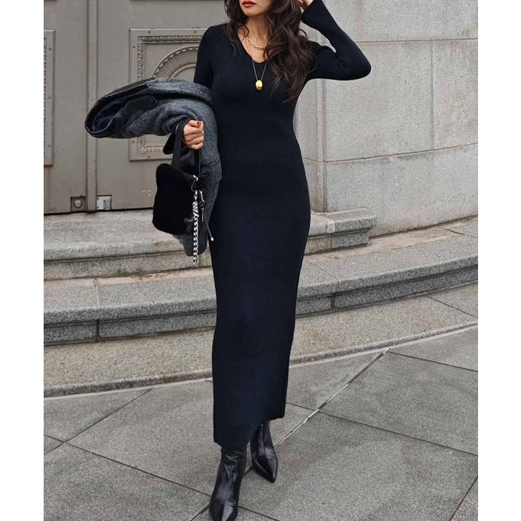 ブラック | Vネックリブニットワンピースesutoreja ワンピース スタイルアップ | BUYSENSE