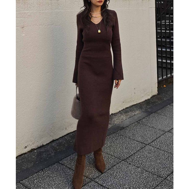 ブラウン | Vネックリブニットワンピースesutoreja ワンピース スタイルアップ | BUYSENSE