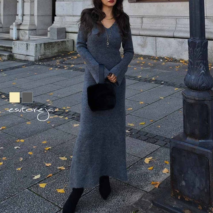 Vネックフレアニットワンピースesutoreja ワンピース スタイルアップ | BUYSENSE | 詳細画像1 