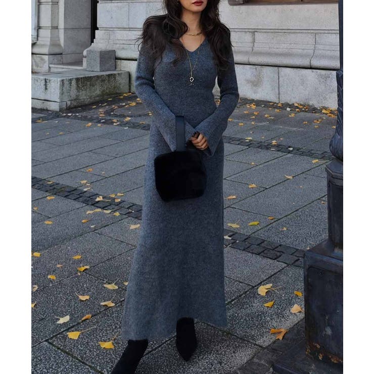 チャコール | Vネックフレアニットワンピースesutoreja ワンピース スタイルアップ | BUYSENSE