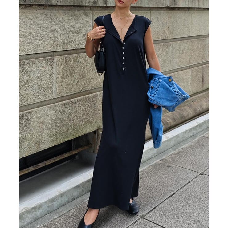 ブラック | ヘンリーネックリブワンピースesutoreja ワンピース スタイルアップ | BUYSENSE